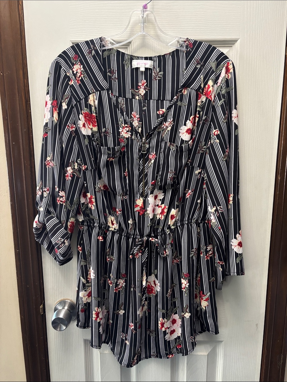 Stella Tweed Black Floral Pinstripe Drawstring Tunic